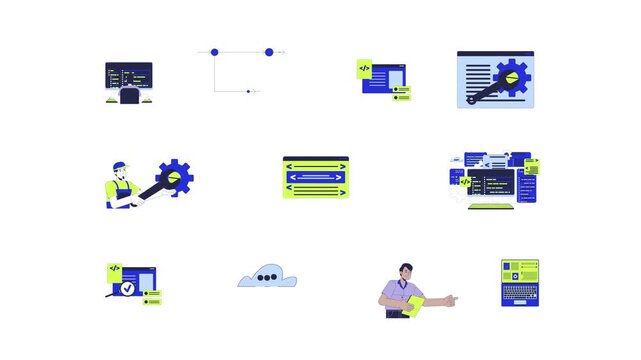 Software development coding and system maintenance cartoon animation pack. Process workflow. Cloud exchange. Backend programming animated flat 4K video collection isolated on transparent background
