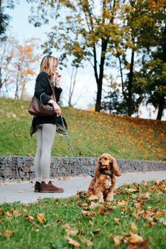 A woman stands on a paved path holding a leash attached to a small brown dog. Trees with autumn leaves and fallen leaves on the grass surround the path