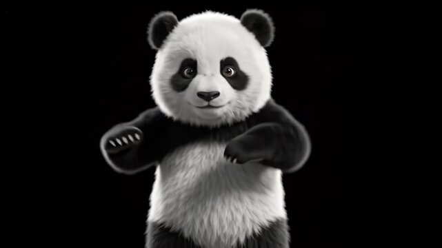 Animated panda dancing against black background, representing character animation, entertainment, performance, motion, and digital art