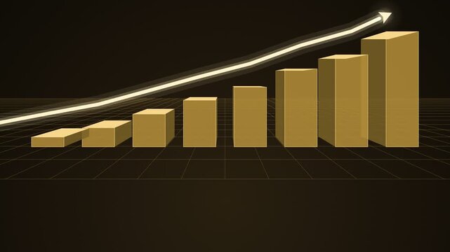 3D Bar Chart Showing Growth Over Time with Upward Trend Line and Grid Background