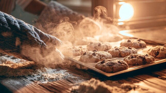 Woman baking fresh cookies in a warm kitchen during winter
