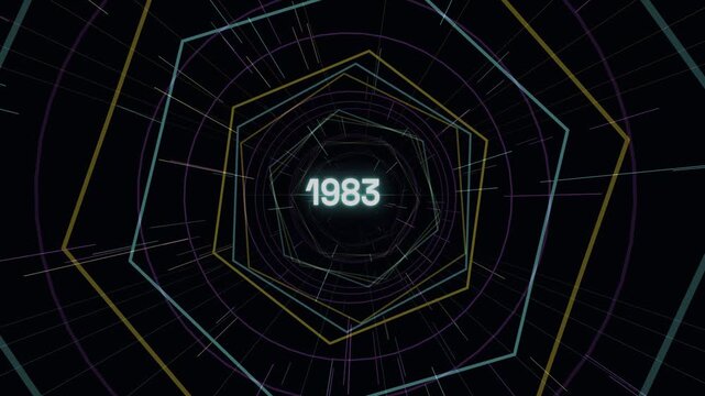 Futuristic Year Counter Animation from 1960 to 2030 with Glowing Neon Geometric Time Tunnel and Dynamic Motion