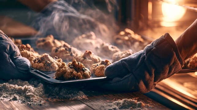 Woman baking fresh cookies in a warm kitchen during winter