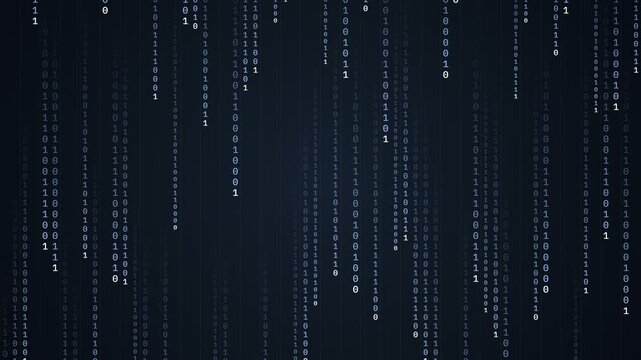 Digital rain of binary code cascading down a dark background representing data flow and technology