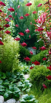Numerous small red fish swim amongst lush green and red aquatic plants in a sunlit aquarium.