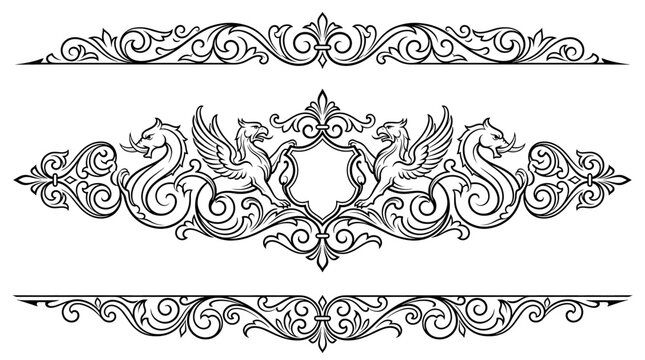 Victorian Heraldic Border with Griffins and Floral Flourishes