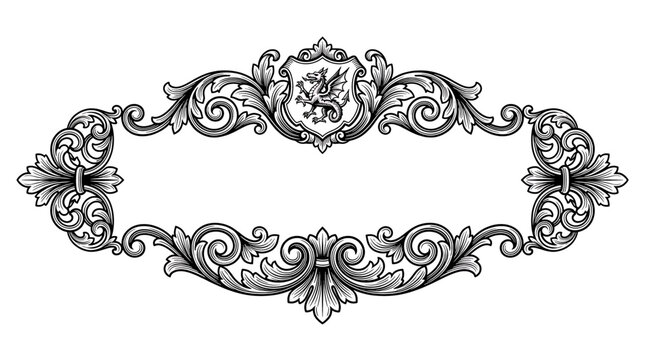 Vintage Dragon Frame Ornamental Victorian Engraving Style Decorative