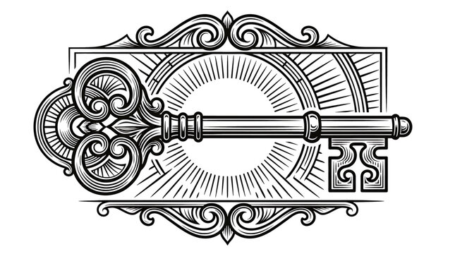 Vintage Key Illustration with Ornate Frame and Sunburst Background