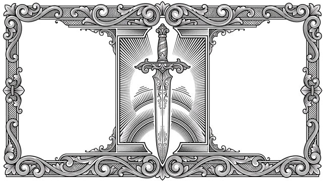 Vintage Ornamental Frame with Sword Engraving Design