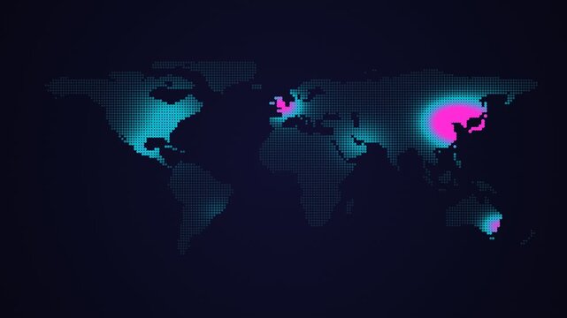 Global spread of digital information or disease visualized on a dotted world map with glowing hotspots in North America Europe and Asia