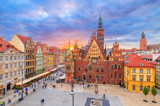 Wroclaw, Poland. The Old Town Hall of Wrocław at city's Market Square (Rynek) during sunset.