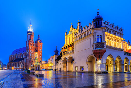 Krakow, Poland. St Mary's church and Cloth Hall on Main Market Square.