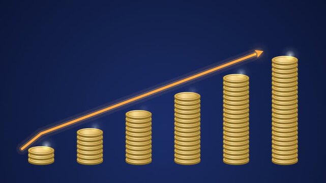 Financial Growth Concept Video Clip Showing Stacks of Gold Coins Increasing Over Time with an Upward Trend Arrow