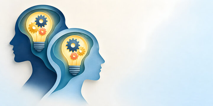 two heads with light bulbs and gears