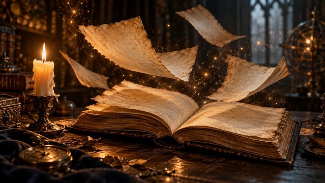 Ancient book with pages floating amid magical sparks in a candlelit study. Witchcraft and supernatural energy. Halloween occult fantasy and spellcasting concept. Esoteric mystery