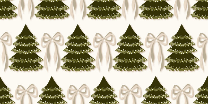 Coquette Christmas Tree Seamless Pattern with White Ribbon Bows on Off White Background