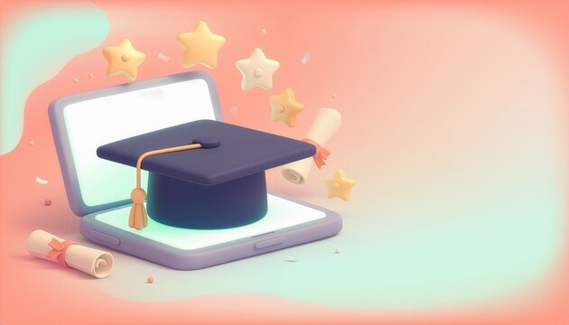 3D graduation cap on glowing tablet for online learning and e-learning course banner
