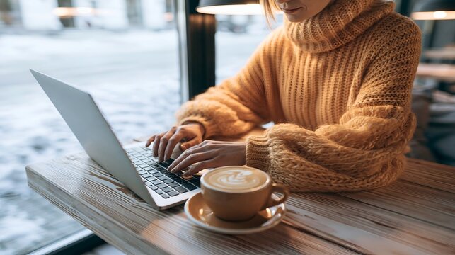 Freelancer working on a laptop in a cozy warm cafe in winter