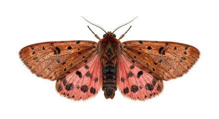 Close-up of an orange and pink moth with spotted wings against a solid black background © Ophelia