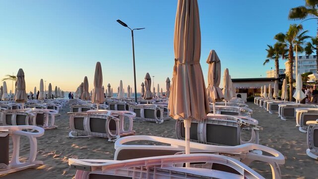 Many Sunbeds Arranged in Rows on Sandy Beach