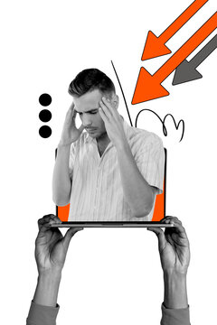 Vertical creative art collage of upset businessman peek laptop screen arrow decline bankruptcy problem isolated on painting background