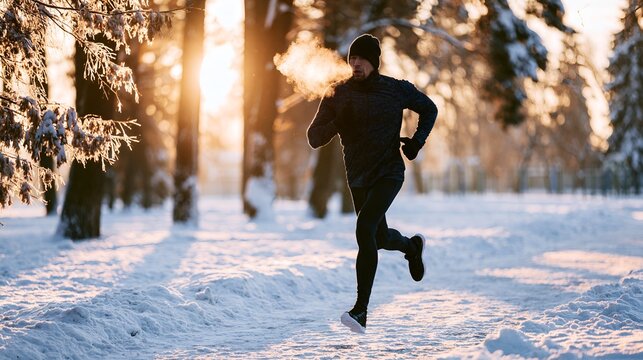 Active person jogging in a snow-covered park at sunrise