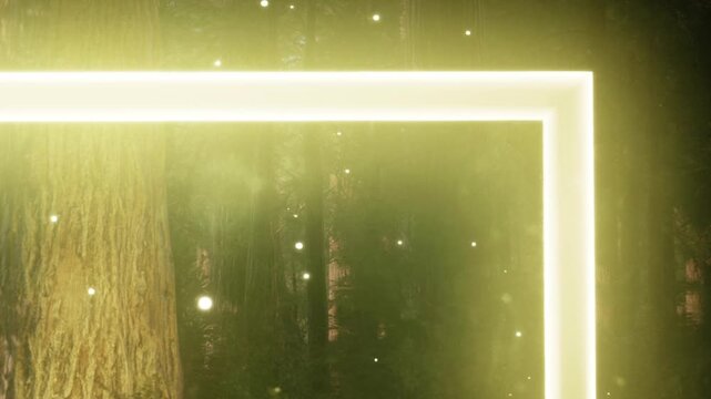 Bright neon frame glowing with yellow light in a dark woodland environment filled with tiny floating particles and tall trees during night time