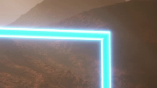 Glowing blue frame border with sharp corner glowing brightly against dark rocky mountain background in daylight