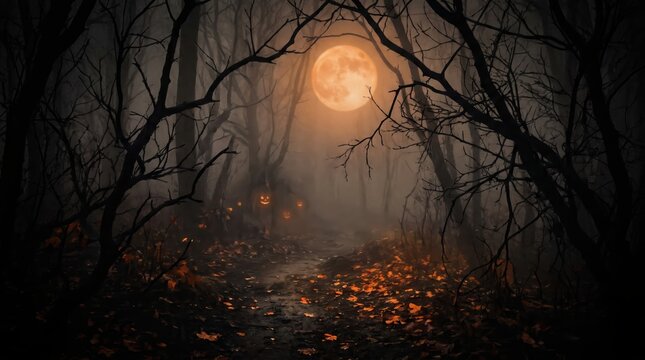 Eerie full moon casting an orange glow over a dark, foggy forest with barren trees and fallen autumn leaves on the ground