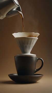 Hot water pours into a white ceramic dripper for a manual pour-over coffee brew.