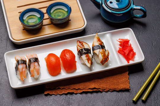 Sushi set with tea and small teapot