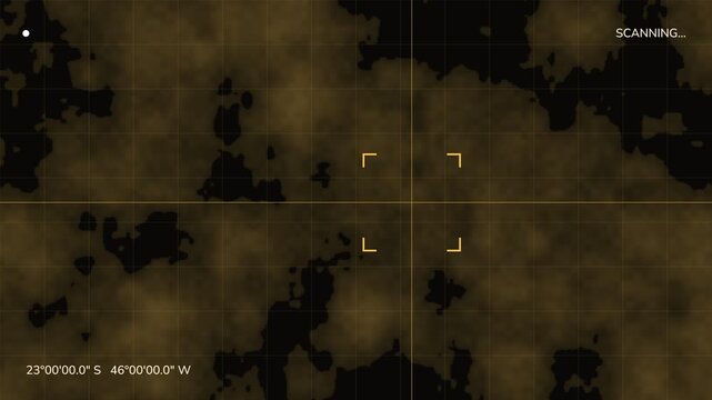 Digital radar map displays scanning progress and target lock on a grid with coordinates
