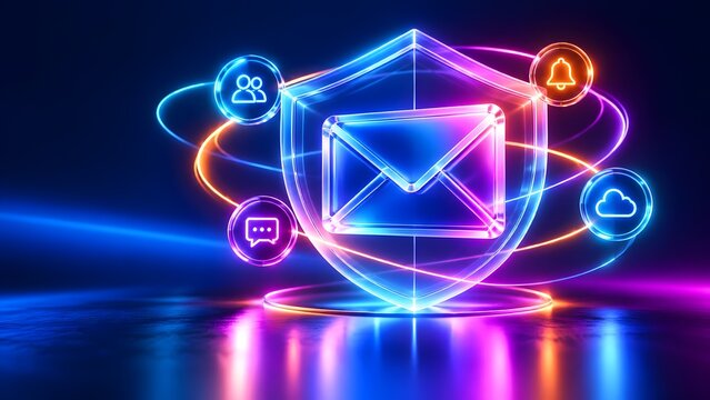 Secure email communication concept with glowing envelope inside shield and user message cloud notification icons