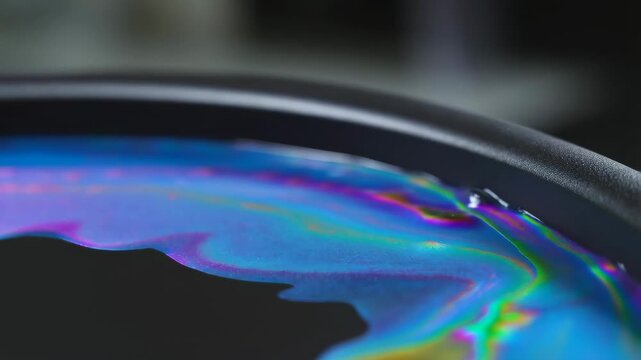 60 FPS Macro iridescent oil slick drifting across water surface in black pan close up