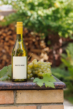 White Wine Bottle with Grapes on a Sunlit Garden Ledge