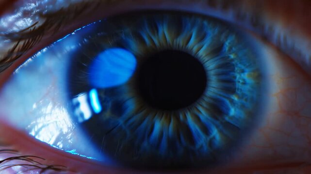 Extreme close-up of a blue human eye with detailed iris fibers and changing pupil size. Eye care advertising, ophthalmology education, and optometry presentations.