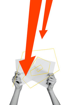 Vertical poster collage human hands hold two paper sheets decrease arrow regression economy downfall inflation loss spiral body fragments