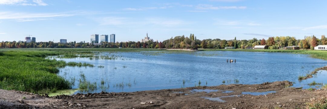 View of King Mihai I Park featuring a large lake with lush green reeds, autumn foliage in the background, and modern city buildings in Bucharest, Bucharest, Romania.