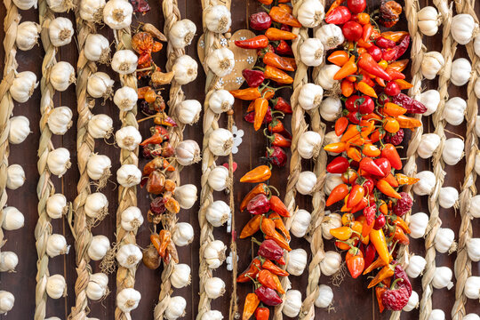 View of braided garlic bulbs and vibrant red and orange chili peppers hanging on a wooden wall at a market near Bran Castle in Bran, Judetul Brasov, Romania.