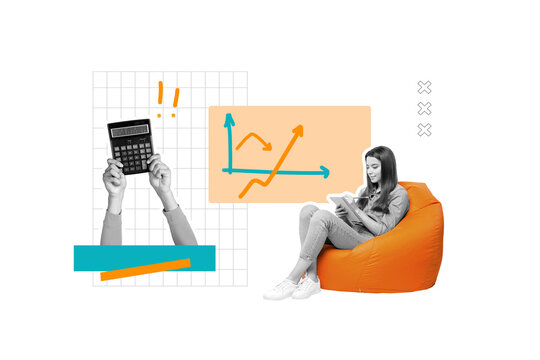 Trend template sketch design 3D photo collage of trade business goal trader success hand hold calculator young lady sit beanbag write note