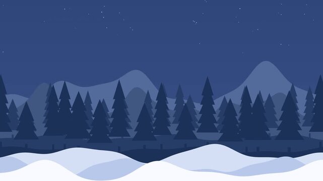 Seamless 10-second looping 4K flat vector winter landscape. Layered snowy mountains, evergreen forests and rolling snowbanks travel from right to left with parallax depth under a calm blue sky. No fal
