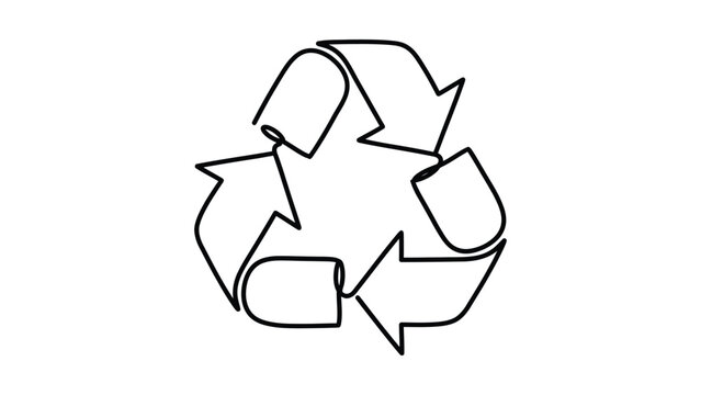 A minimalist hand drawn continuous line art illustration of the universal recycling symbol.
