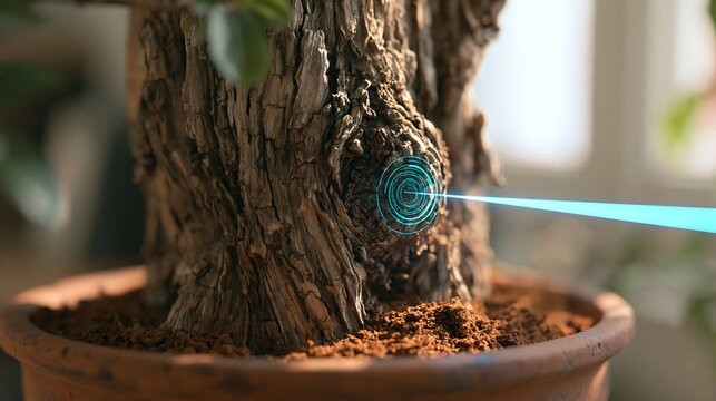 A laser beam targets a tree trunk isolated on transparent background. Concept for environmental monitoring or botanical research technology.