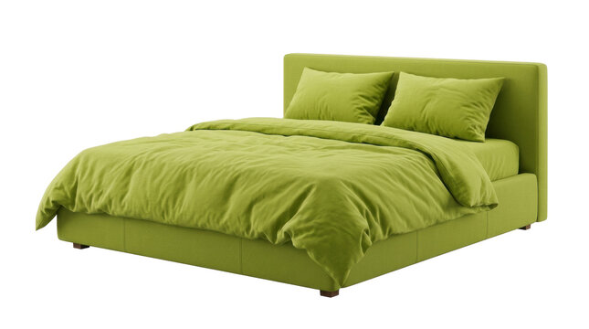 Modern lime-green upholstered bed with matching duvet and pillows on white background