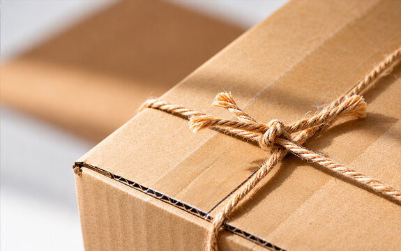 Brown cardboard box securely tied with natural twine knot for shipping or storage purposes