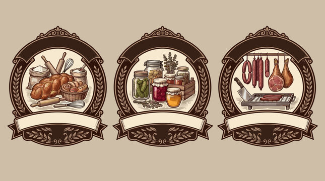 Vintage engraved food labels with bread, preserves, and hanging meat in oval frames