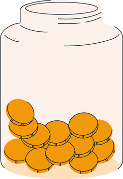 Gold coins inside glass jar for tips. Money, cash savings. Cents, change storage. Budget, fund, donation, investment, financial concept. Flat vector illustration isolated on white background.