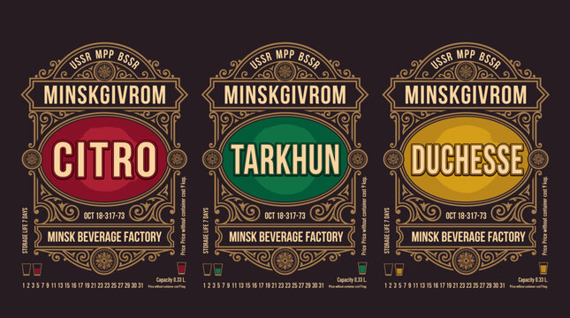 Vintage engraved Minsky beverage factory label vector set with Citro, Tarkhun, and Duchesse designs
