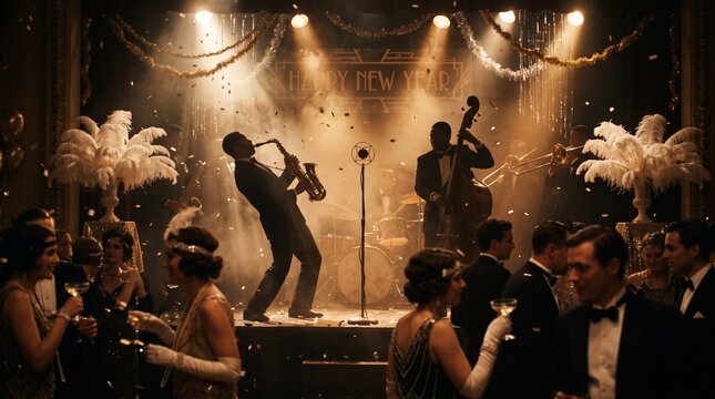 Jazz musicians performing on stage at a vintage 1920s gala  