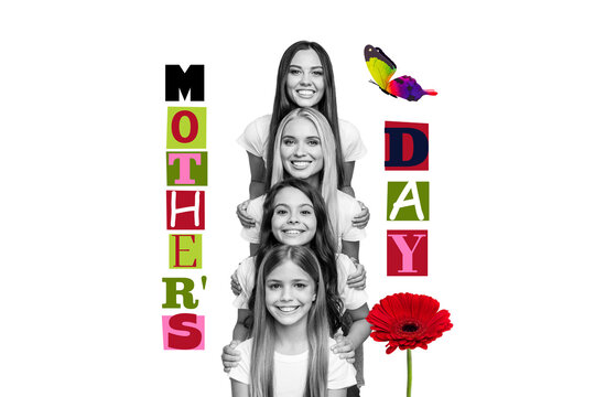 Composite collage picture image of&nbsp;mom three daughters layers&nbsp;mother day love celebration concept&nbsp;unusual fantasy billboard comics